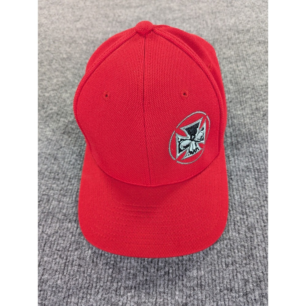 Flexfit Yupoong Red Hat Demons Behind Me Cross Skull Graphic Baseball Cap L-XL